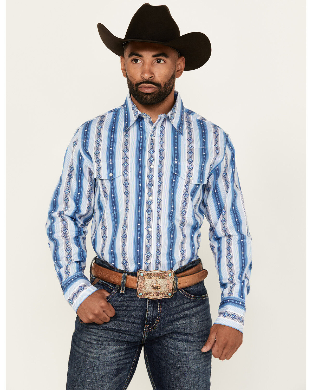 Image #1 - Wrangler Men's Checotah Southwestern Print Long Sleeve Snap Western Shirt - Big, Blue, hi-res