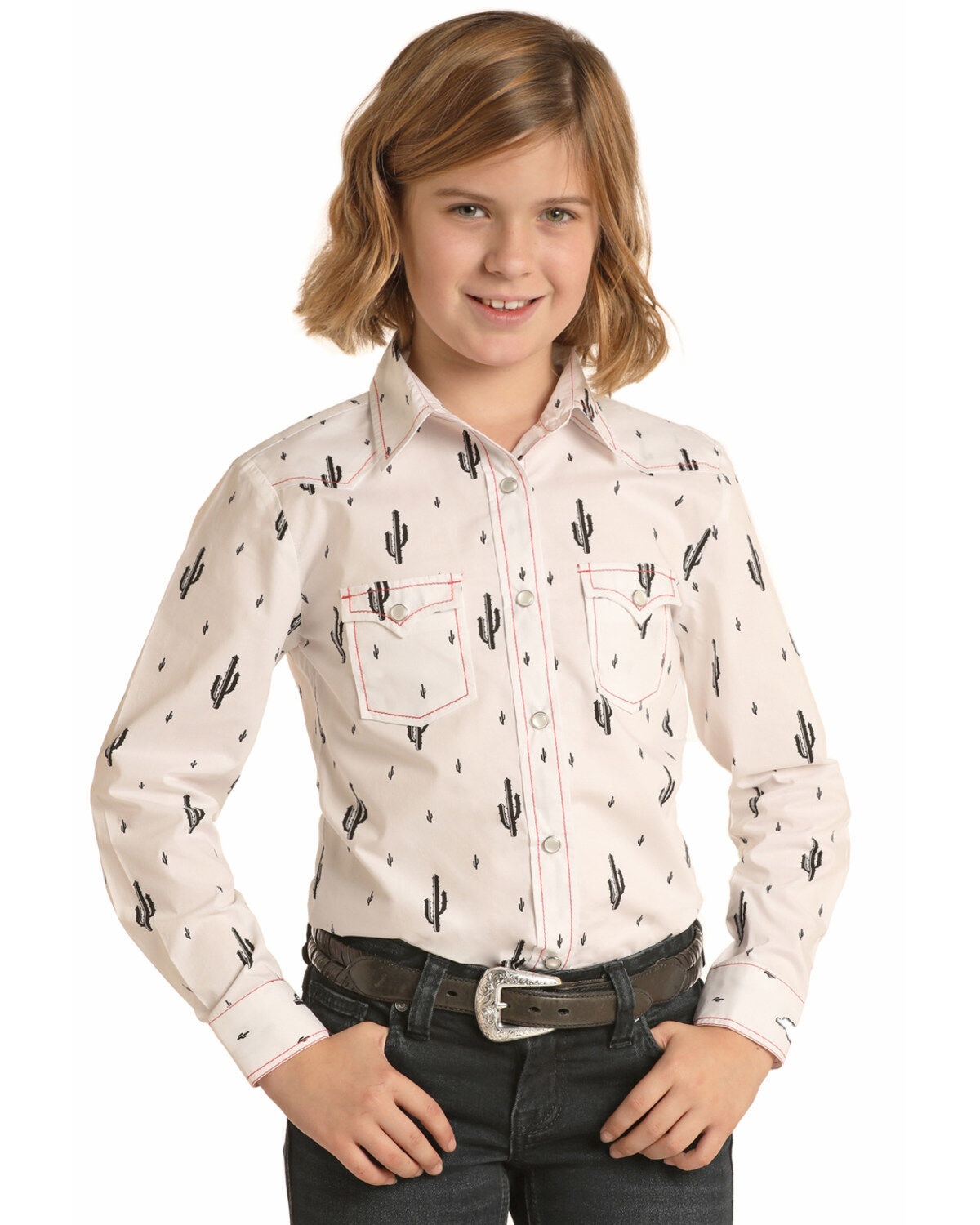 Image #1 - Panhandle Girls' Cactus Print Long Sleeve Pearl Snap Western Shirt, White, hi-res