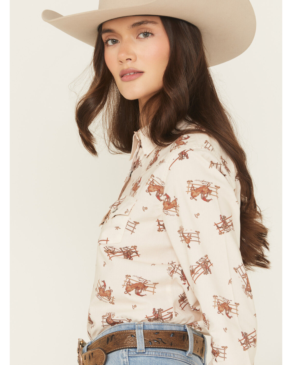 Image #2 - Cruel Girl Women's Horse Rider Conversational Print Long Sleeve Snap Western Shirt, Cream, hi-res