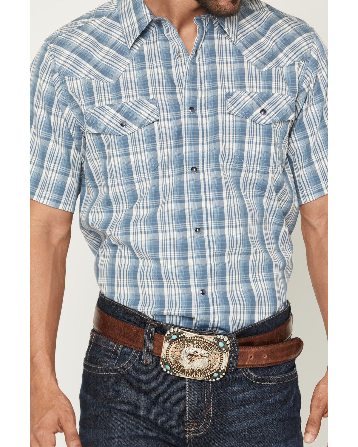 Image #3 - Cody James Men's Briggs Plaid Print Short Sleeve Snap Western Shirt, Blue, hi-res