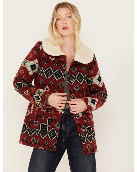 Powder River Outfitters Women's Southwestern Print Jacquard Wool Berber Coat , Red, hi-res