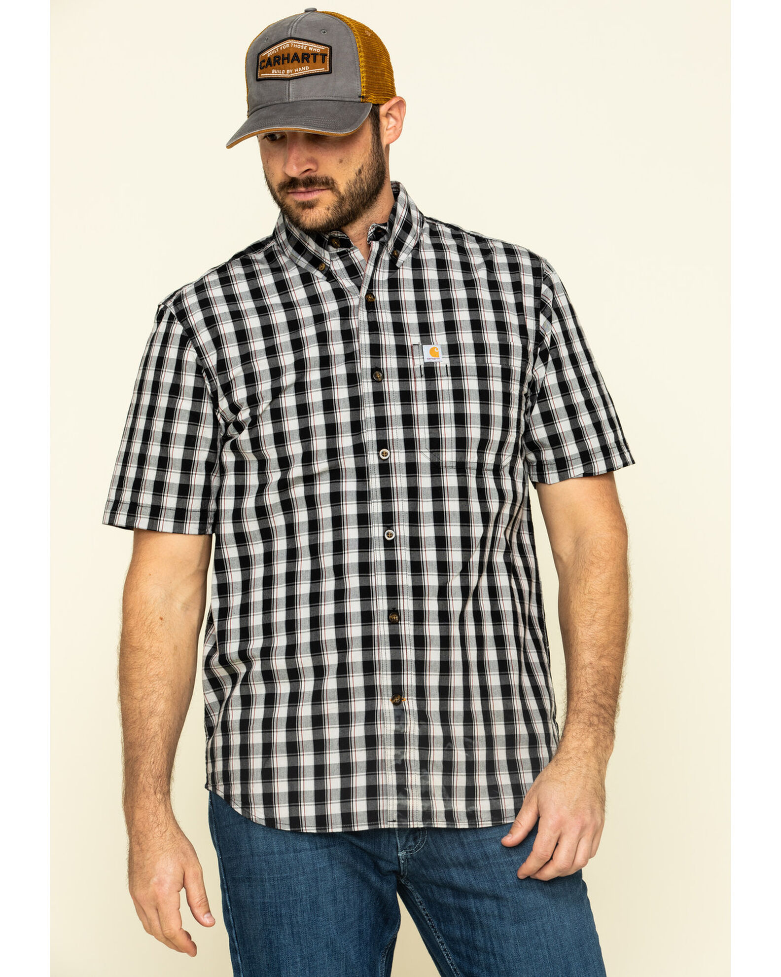Product Name Carhartt Men s Black Essential Plaid Button Down Short Sleeve Work Shirt