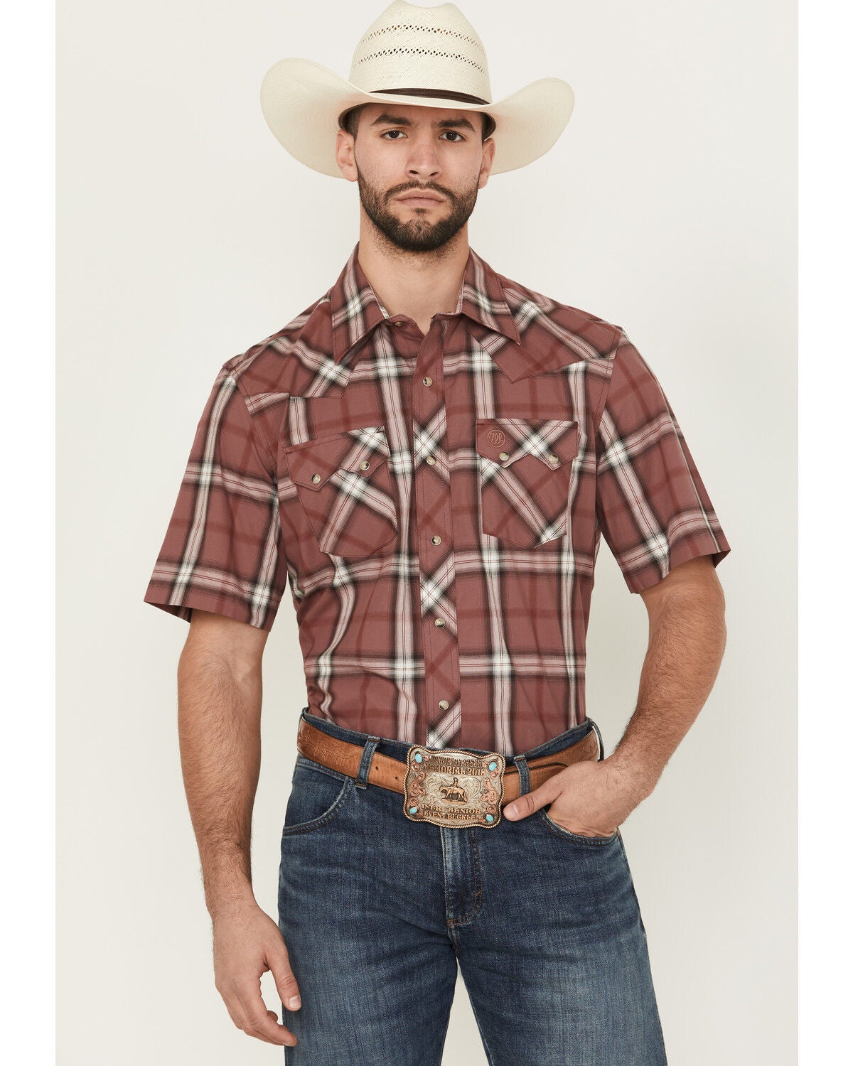 Wrangler Retro Men's Plaid Print Short Sleeve Snap Western Shirt, Burgundy, hi-res