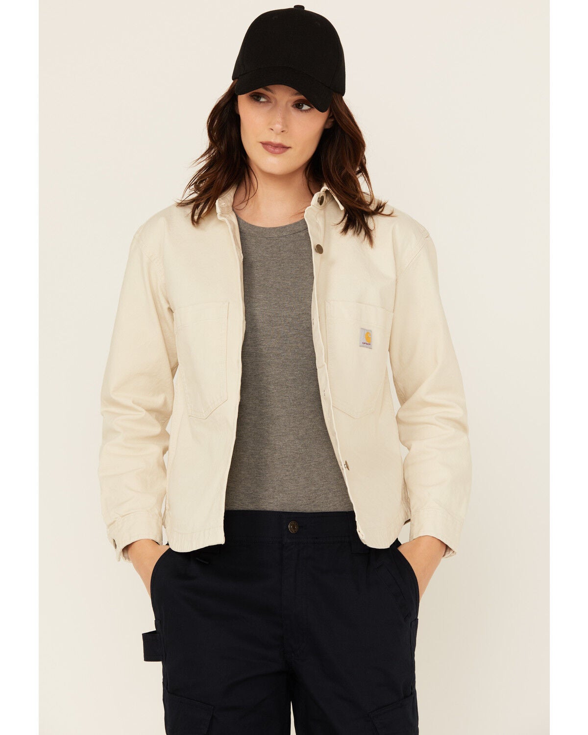 Carhartt Women's Rugged Flex&reg; Loose Fit Heavyweight Duck Long Sleeve Button-Down Overshirt, Oatmeal, hi-res