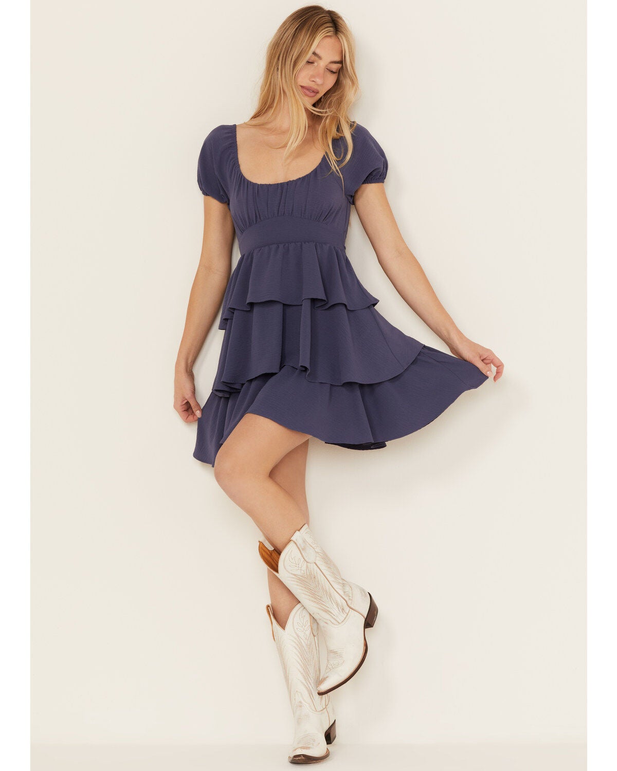 Image #1 - Originality Women's Tiered Short Sleeve Mini Dress, Navy, hi-res