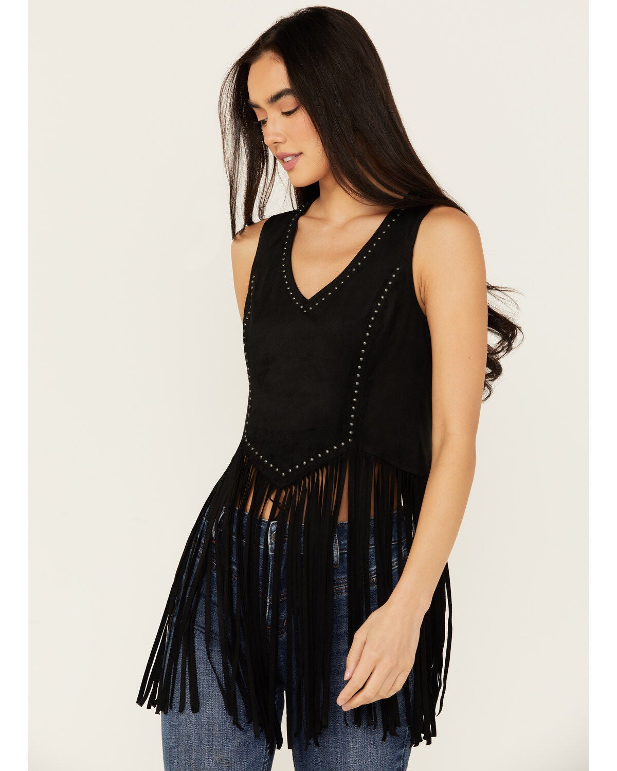Idyllwind Women's Monticello Fringe Faux Suede Studded Tank, Black, hi-res