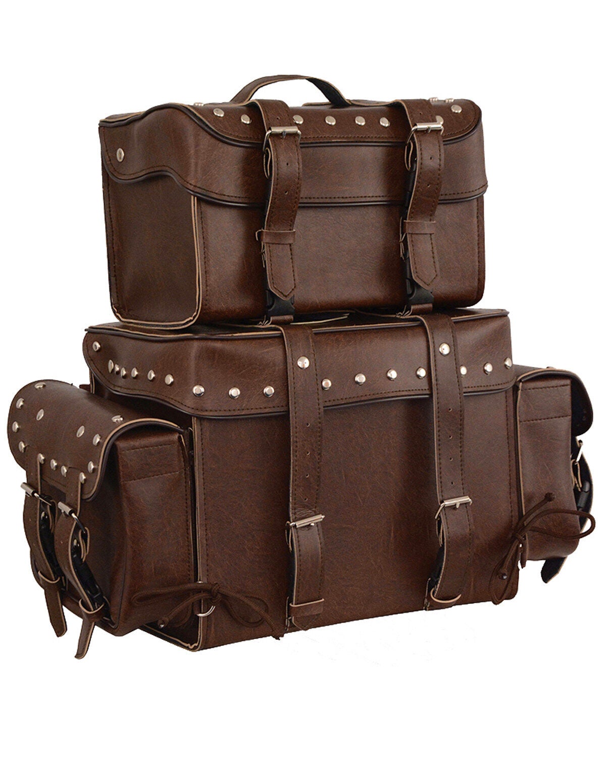 Milwaukee Leather Large Antique Four Piece Studded PVC Touring Pack With Barrel Bag, Brown, hi-res