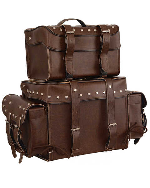 Image #1 - Milwaukee Leather Large Antique Four Piece Studded PVC Touring Pack With Barrel Bag, Brown, hi-res