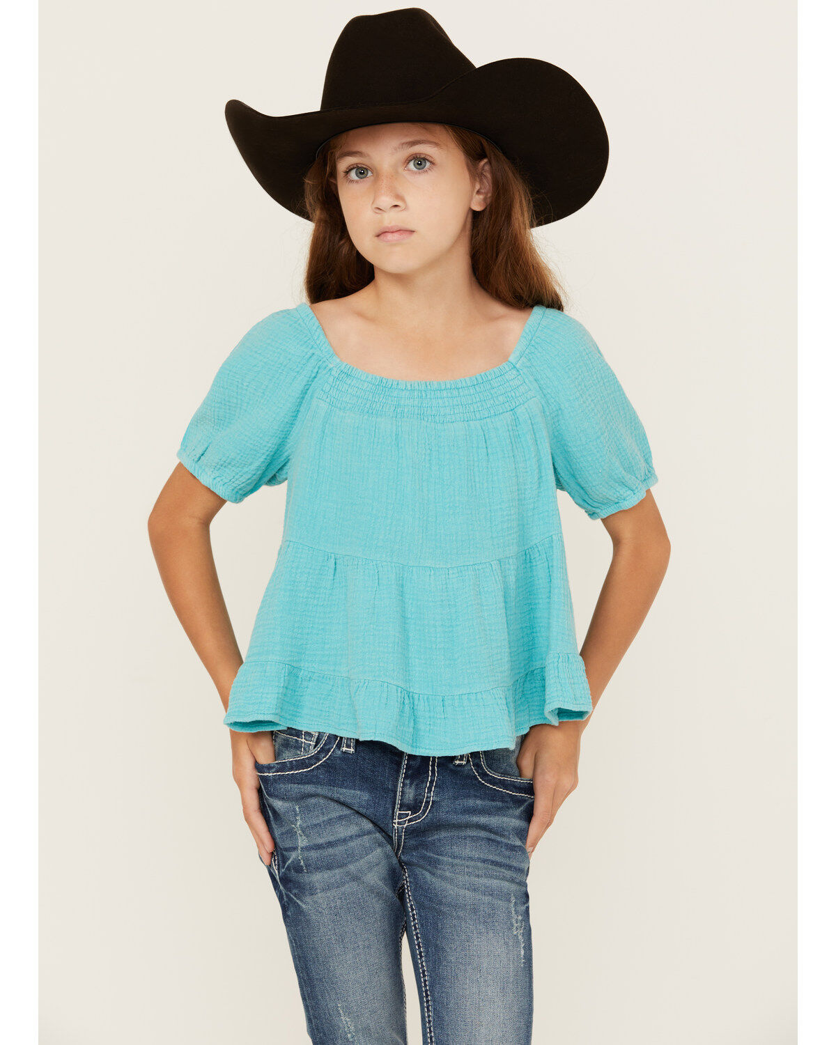 Image #1 - Hayden LA Girls' Puff Sleeve Top, Blue, hi-res