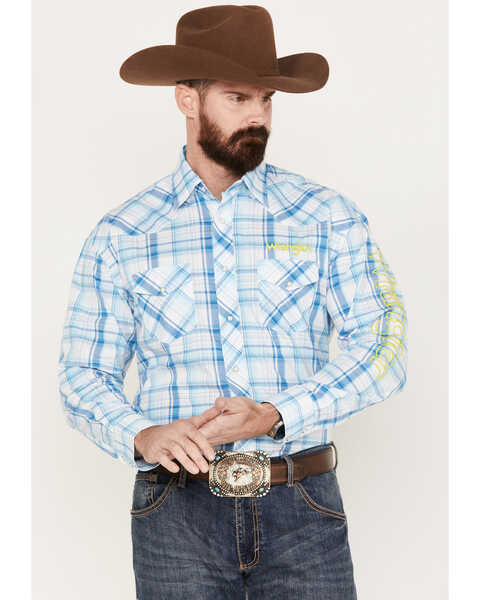 Wrangler Men's Plaid Long Sleeve Western Snap Shirt, Light Blue, hi-res
