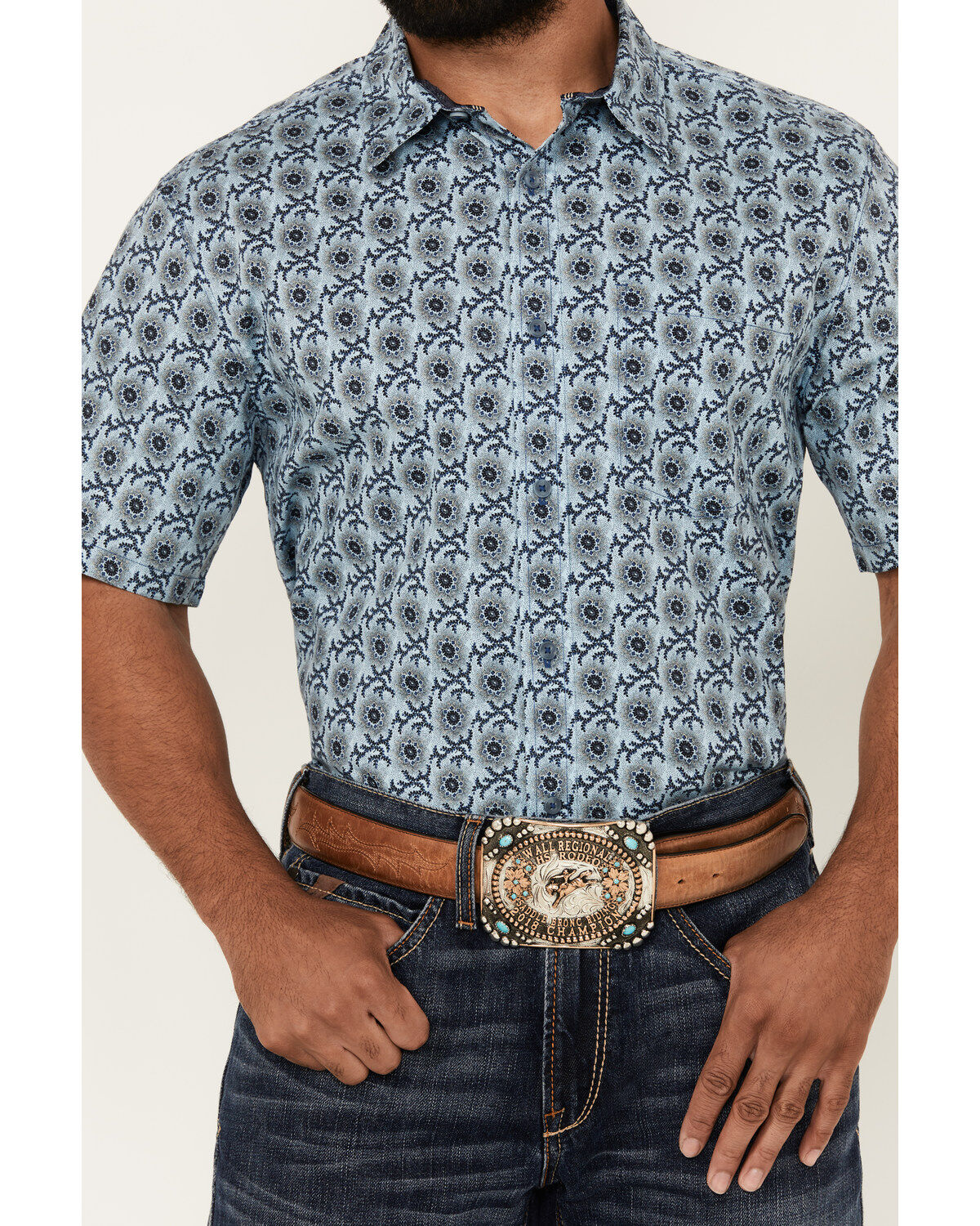 Image #3 - Cody James Men's Sunny Day Floral Medallion Print Short Sleeve Button-Down Stretch Western Shirt, Light Blue, hi-res