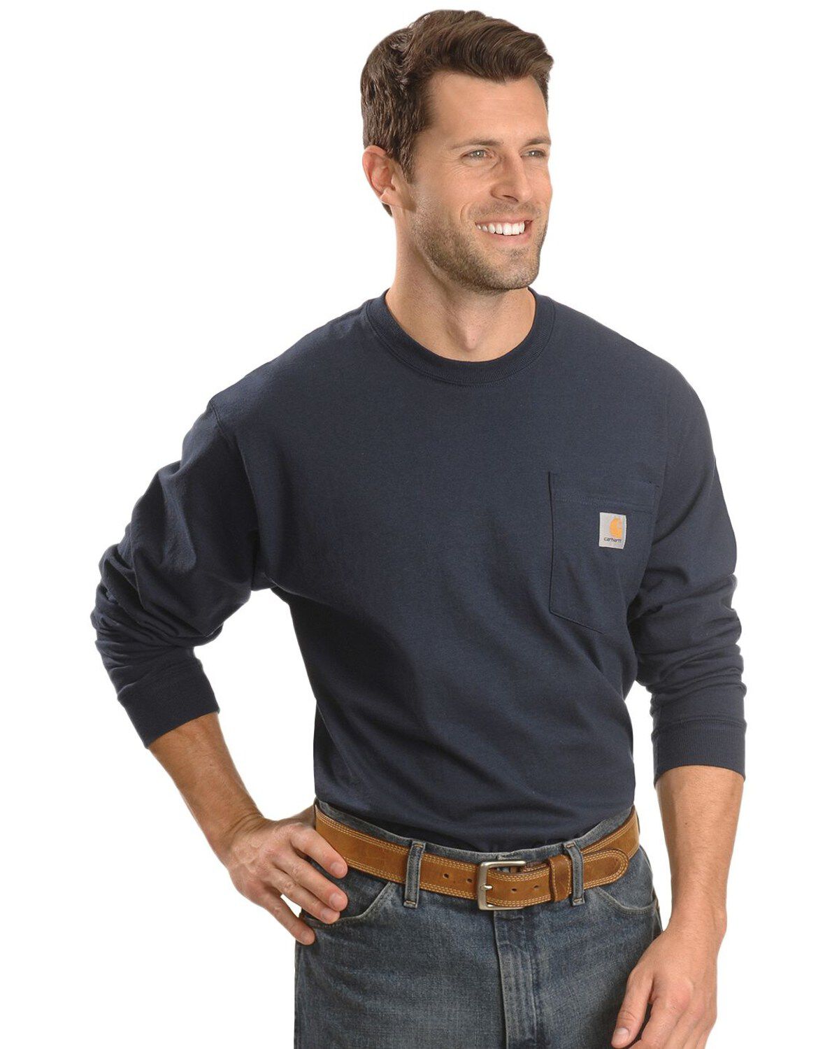 Image #2 - Carhartt Men's Loose Fit Heavyweight Long Sleeve Logo Pocket Work T-Shirt, Navy, hi-res