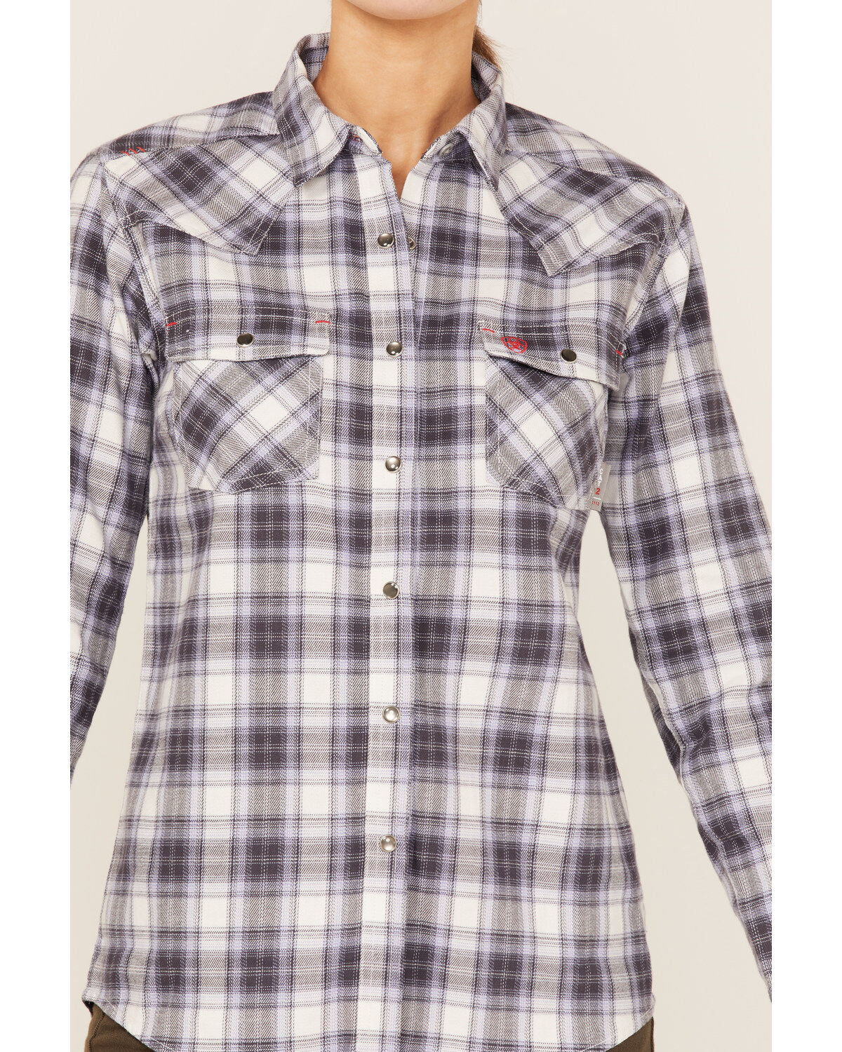 Image #3 - Ariat Women's FR Whitney Plaid Print Long Sleeve Pearl Snap Work Shirt, Lavender, hi-res