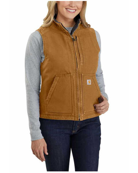 Carhartt Women's Washed Duck Sherpa Lined Vest , Brown, hi-res