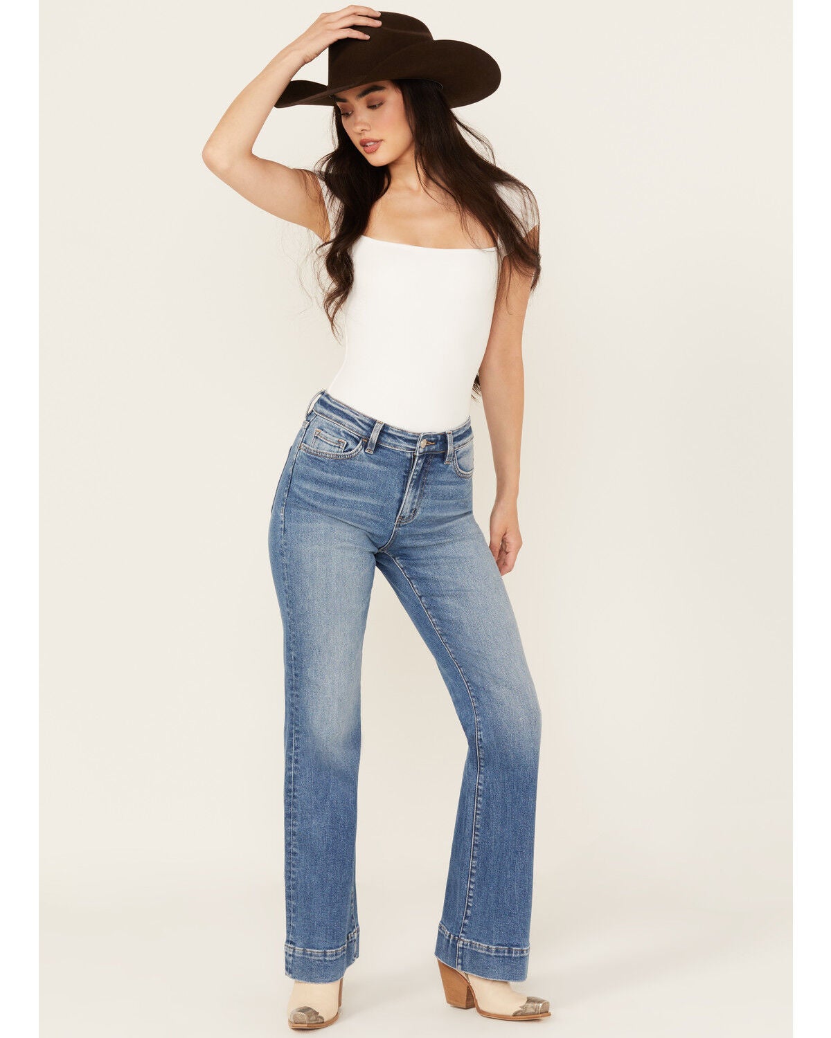 Vervet Women's Medium Wash High Rise Relaxed Flare Trouser Stretch Denim Jeans, Medium Wash, hi-res