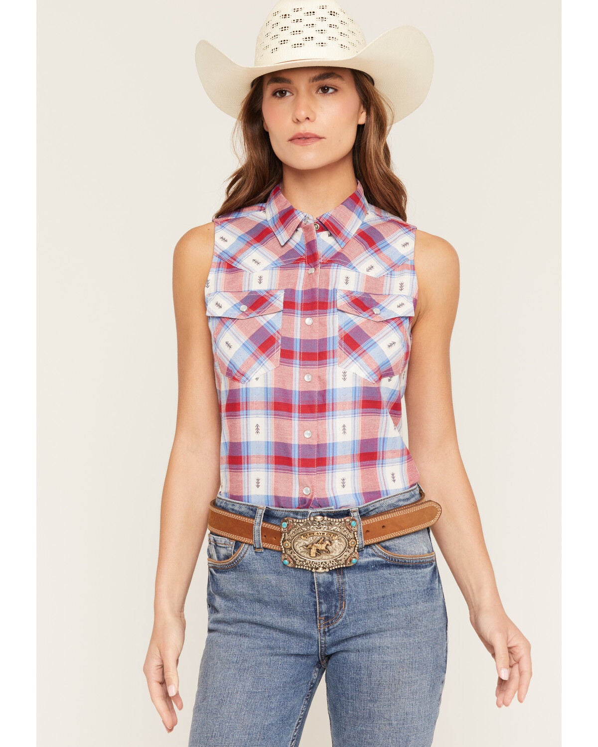 Shyanne Women's Rushmore Dobby Plaid Print Sleeveless Snap Western Shirt, Red/white/blue, hi-res