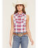 Image #1 - Shyanne Women's Rushmore Dobby Plaid Print Sleeveless Snap Western Shirt, Red/white/blue, hi-res