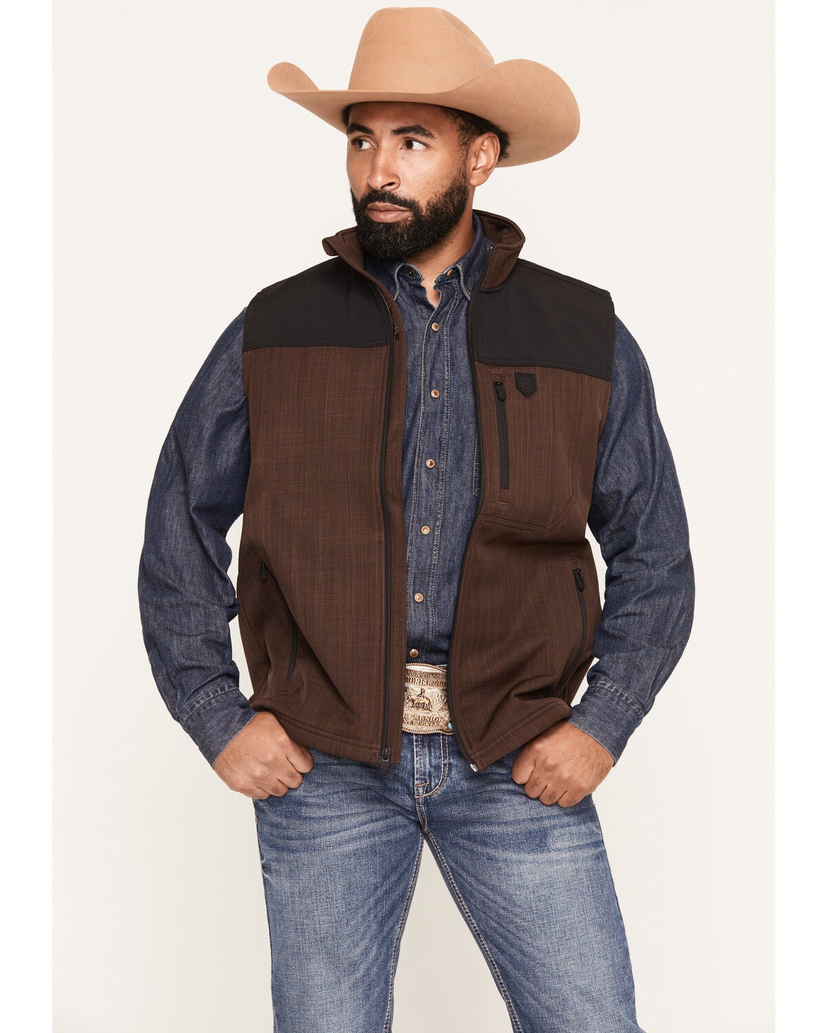 RANK 45&reg; Men's Lakewood Color Block Softshell Vest, Coffee, hi-res