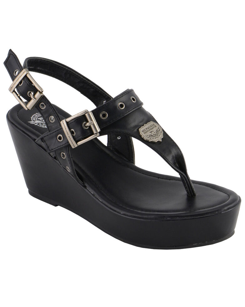 Milwaukee Leather Women's Buckle Strap Wedge Sandals, Black, hi-res
