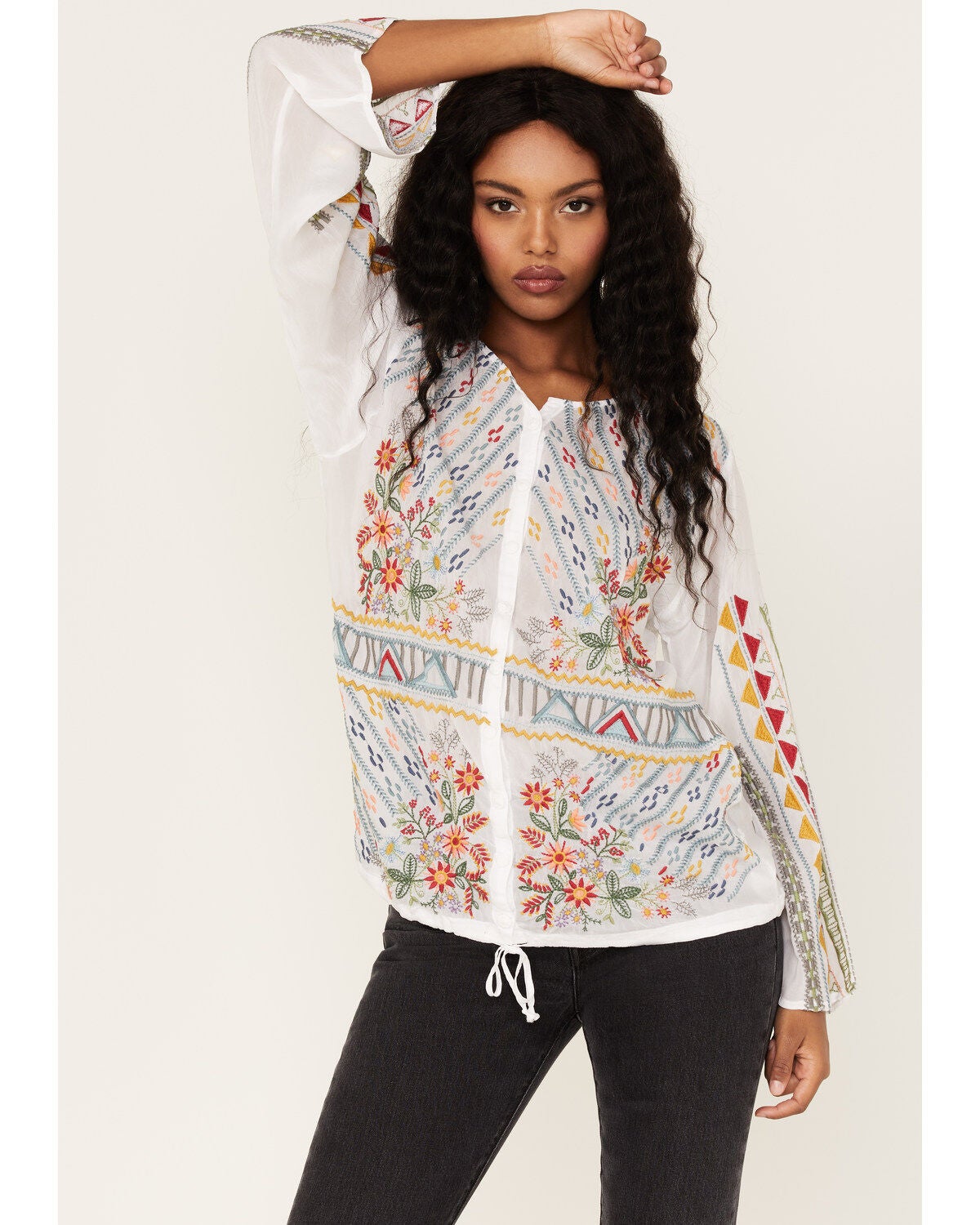 Johnny Was Women's Ezra Embroidered Blouse, White, hi-res
