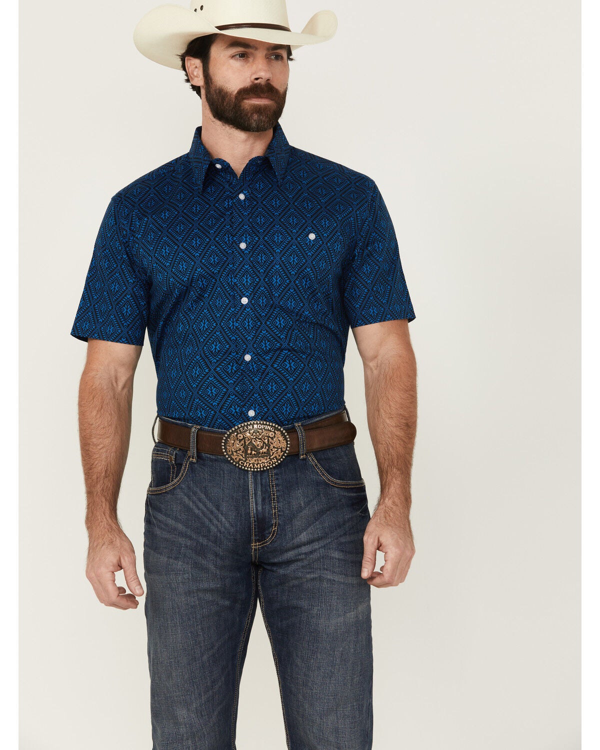 RANK 45&reg; Men's Ribbon Medallion Print Short Sleeve Button-Down Stretch Western Shirt, Blue, hi-res