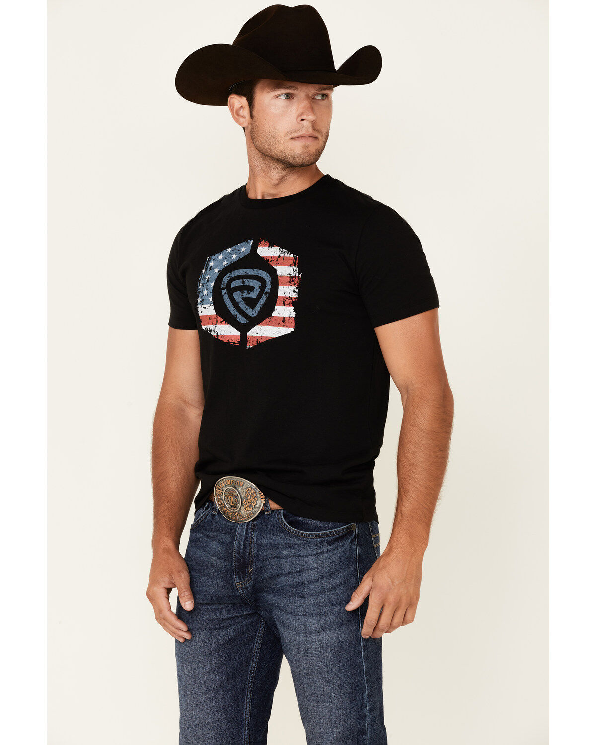Image #1 - Rock & Roll Denim Men's Flag Logo Graphic Short Sleeve T-Shirt, Black, hi-res