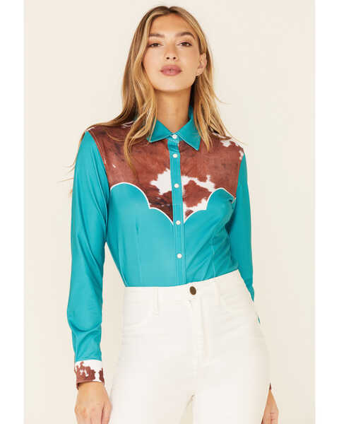 Ranch Dress'n Women's Jade Cowhide Print Long Sleeve Snap Western Shirt , Jade, hi-res