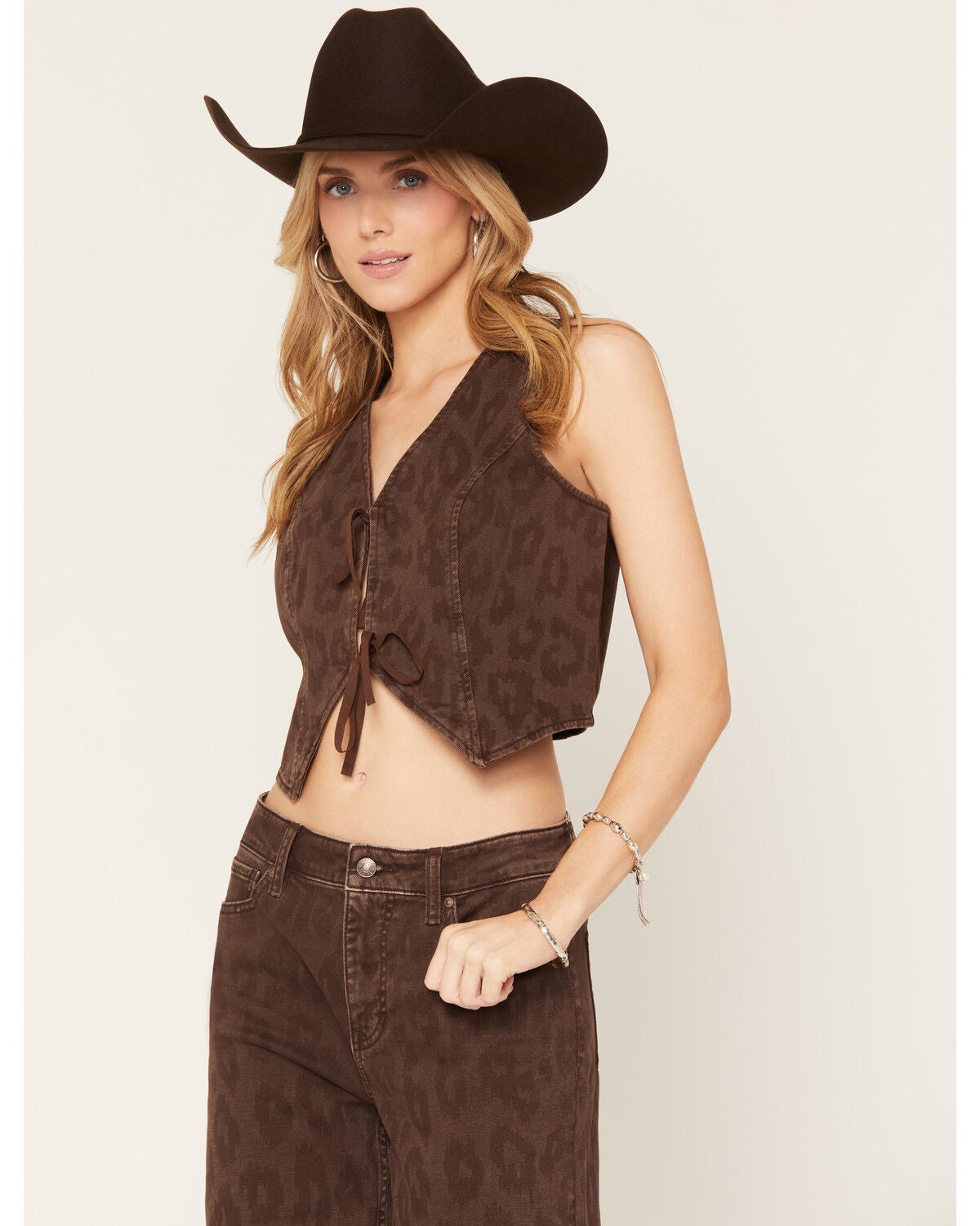 Shyanne Women's Kelso Leopard Print Denim Tie-Front Vest, Leopard, hi-res