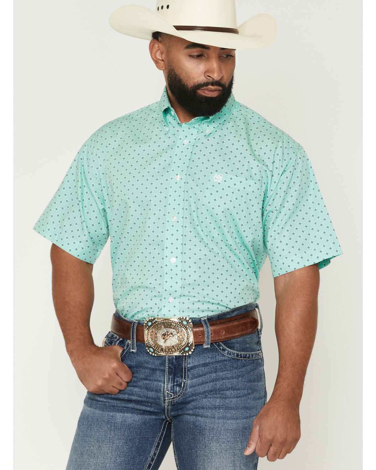 Cinch Men's Geo Print Short Sleeve Button-Down Western Shirt, Turquoise, hi-res