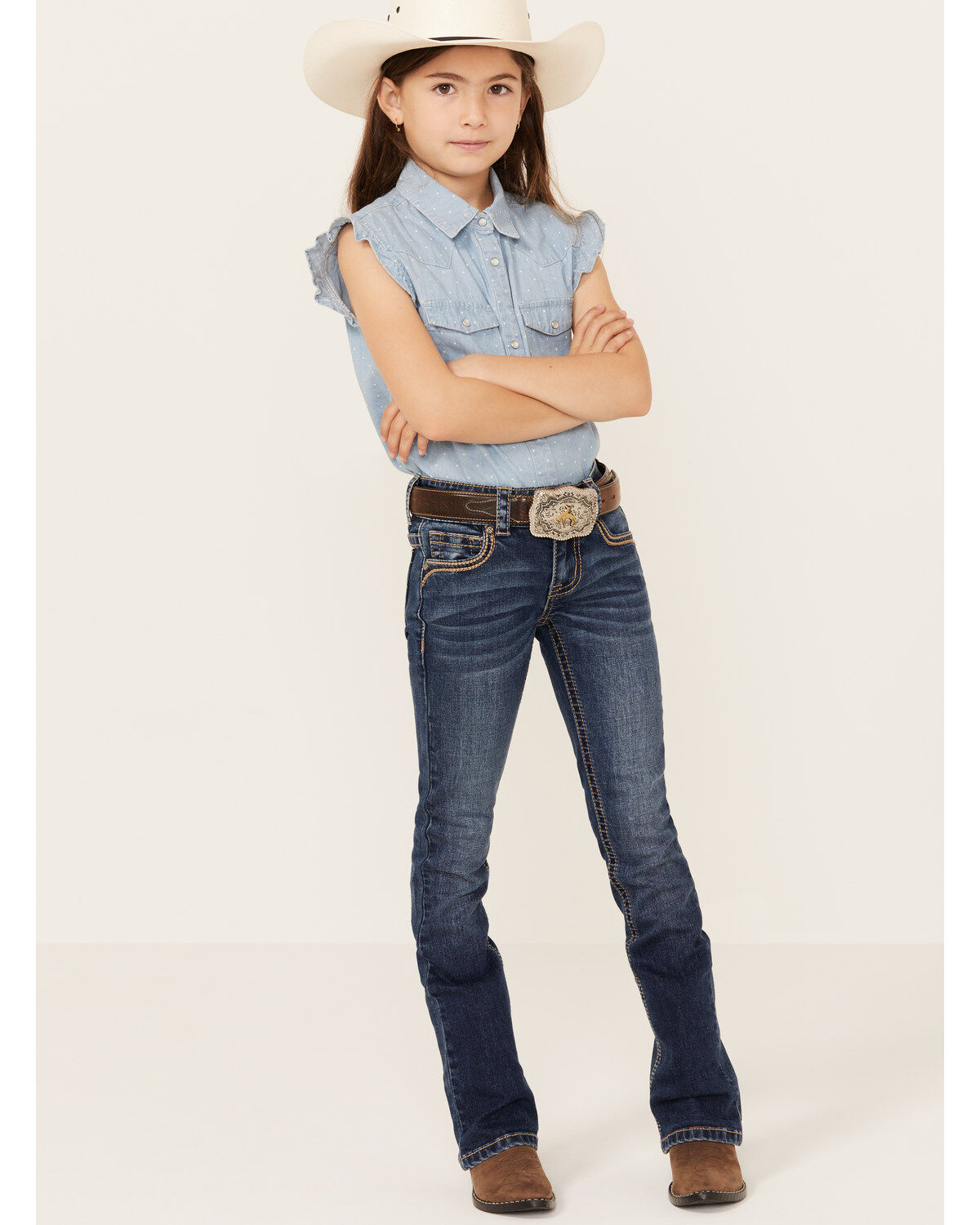 Image #1 - Shyanne Little Girls' Dark Wash Arrow Embroidered Stretch Bootcut Jeans, Blue, hi-res