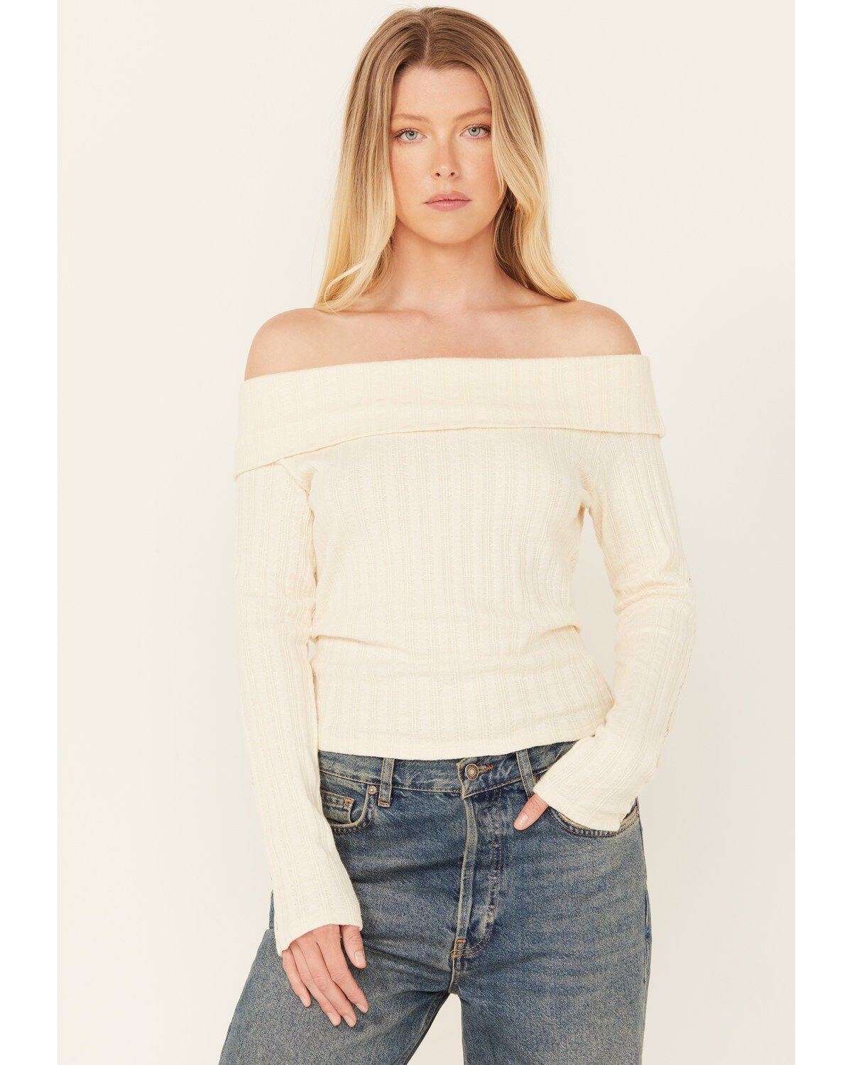 Shyanne Women's Pointelle Ribbed Off The Shoulder Top, Cream, hi-res