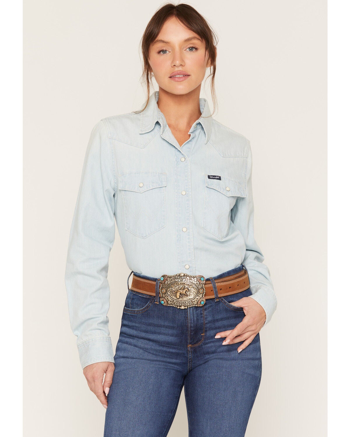 Wrangler Women's Light Wash Long Sleeve Snap Denim Western Shirt, Light Blue, hi-res