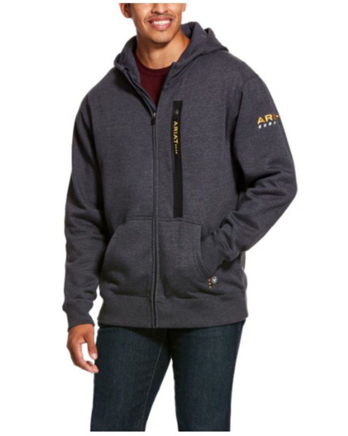 Ariat Men's Heather Charcoal Rebar Workman Zip-Front Hooded Work Jacket, Charcoal, hi-res