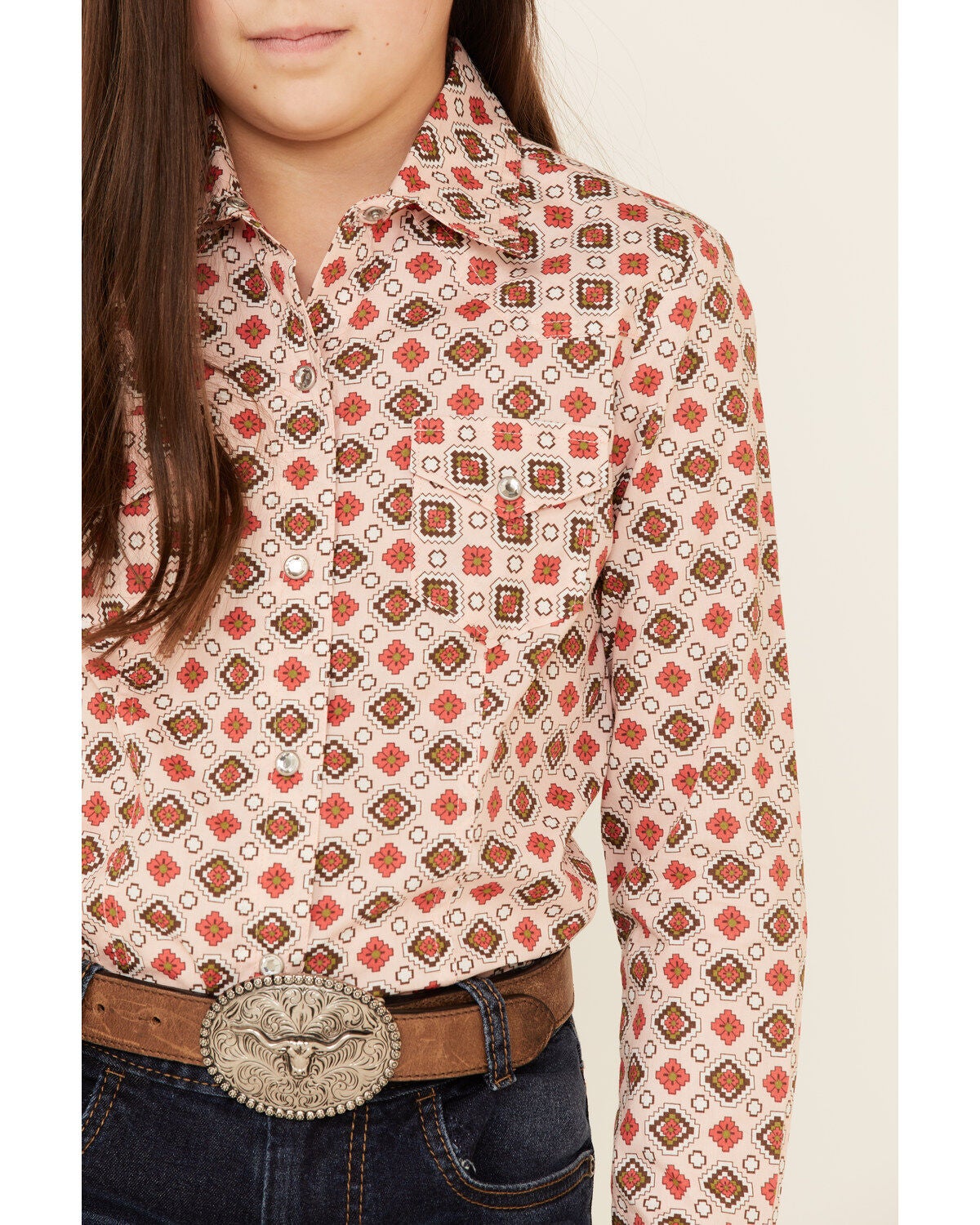 Image #3 - Cruel Girl Girls' Diamond Geo Print Long Sleeve Pearl Snap Western Shirt, , hi-res