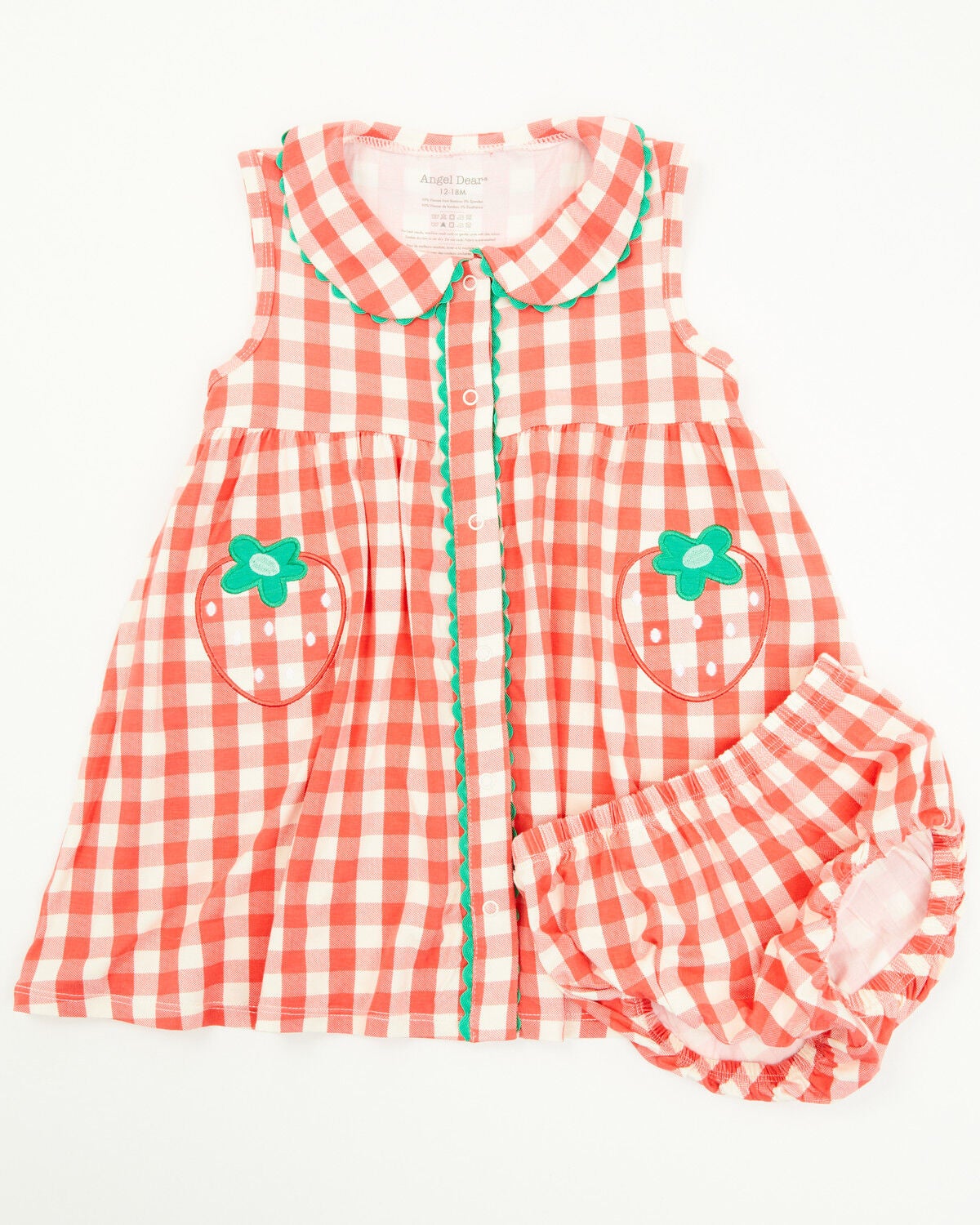 Angel Dear infant Girls' Strawberry Gingham Sleeveless Snap Dress And Diaper Set - 2 Piece, Red, hi-res