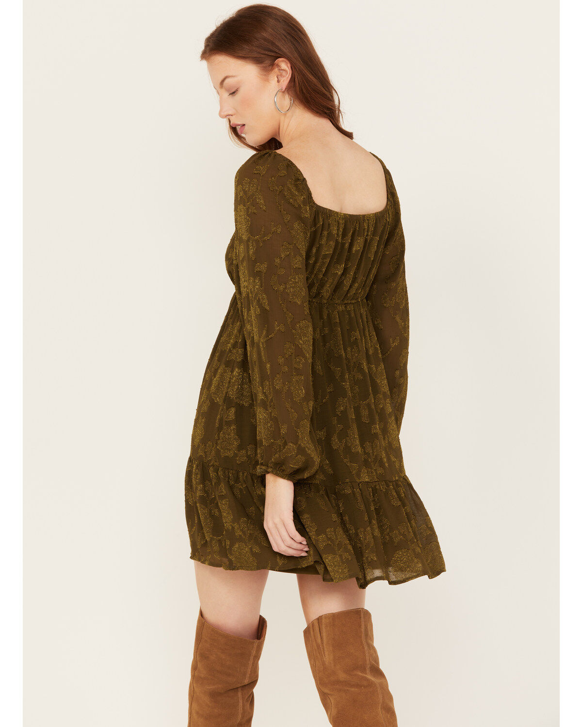 Image #4 - Jolt Women's Jacquard Long Sleeve Mini Dress, Olive, hi-res
