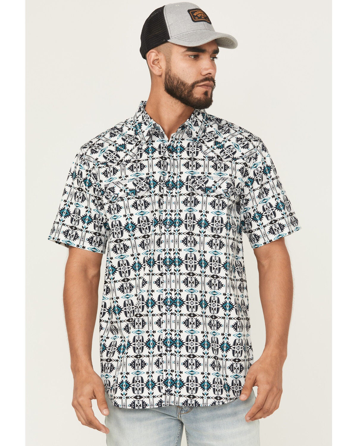 Moonshine Spirit Men's Thunder Cloud Southwestern Print Short Sleeve Snap Western Shirt, White, hi-res