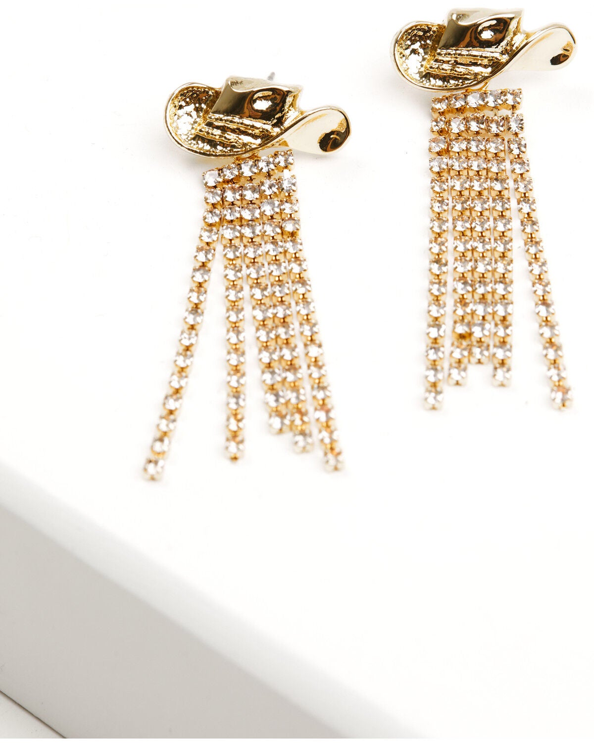 Shyanne Women's Cowgirl Hat Fringe Statement Earrings, Gold, hi-res