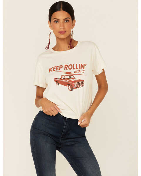 Blended Women's Keep Rollin Graphic Short Sleeve Crop Tee , Ivory, hi-res