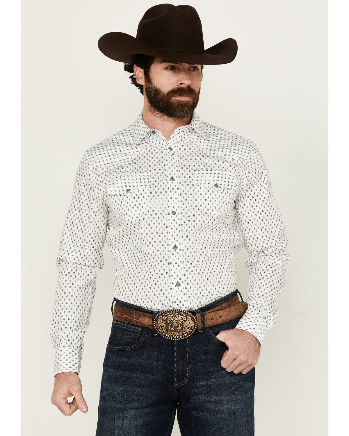 Gibson Men's Polka Geo Print Long Sleeve Snap Western Shirt, White, hi-res