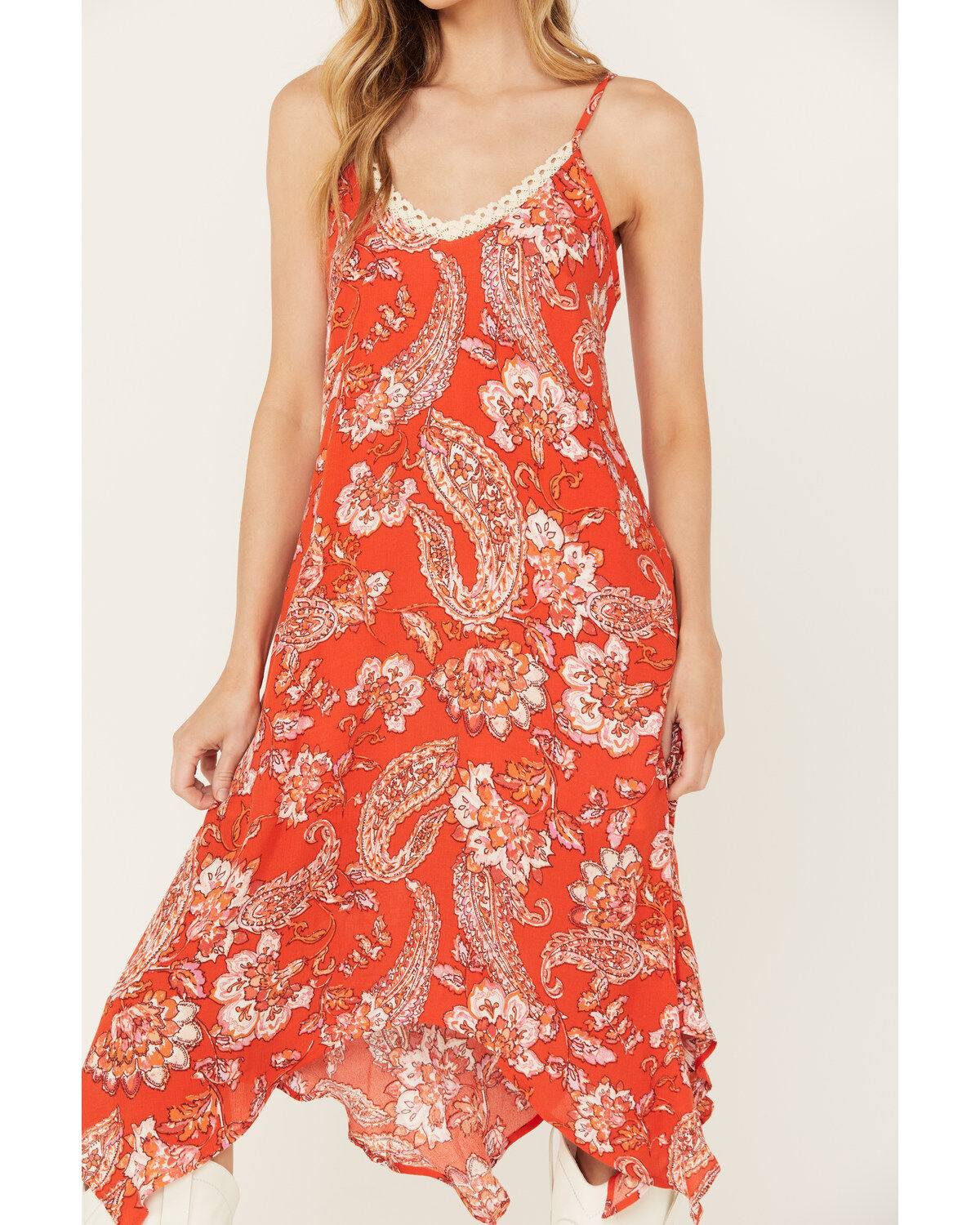 Image #3 - Wild Moss Women's Floral and Paisley Print Hanky Hem Midi Dress, Red, hi-res