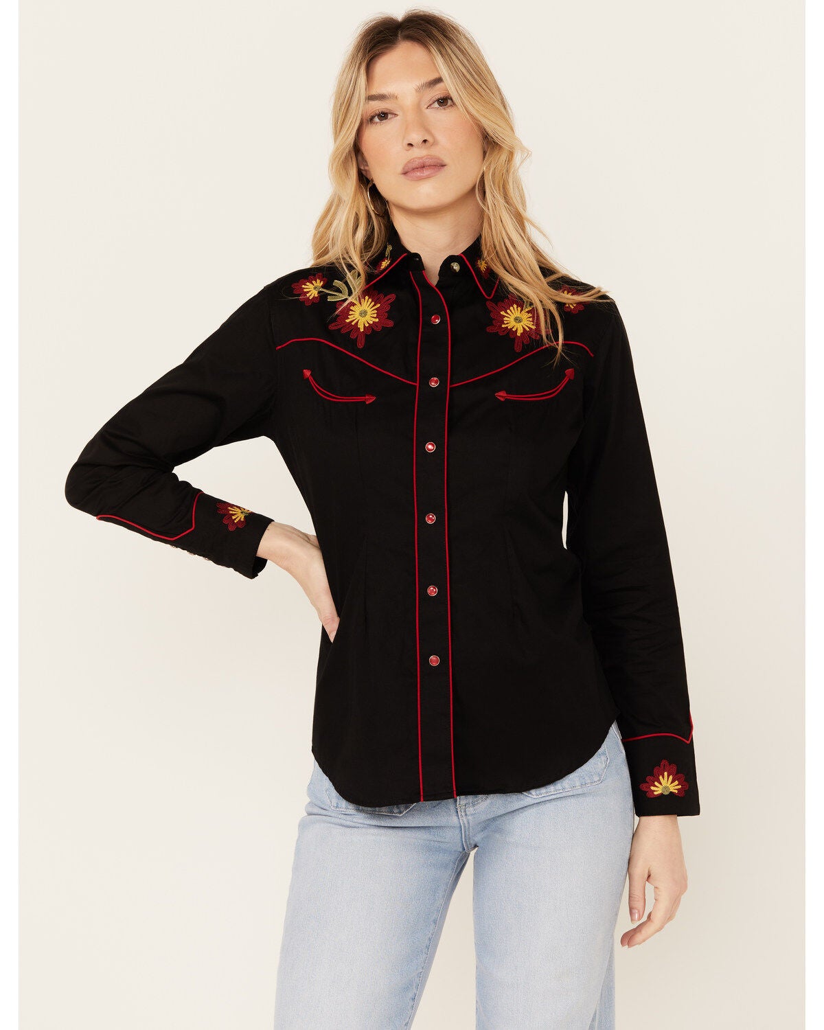 Rockmount Ranchwear Women's Vintage Floral Embroidered Long Sleeve Snap Western Shirt, Black, hi-res