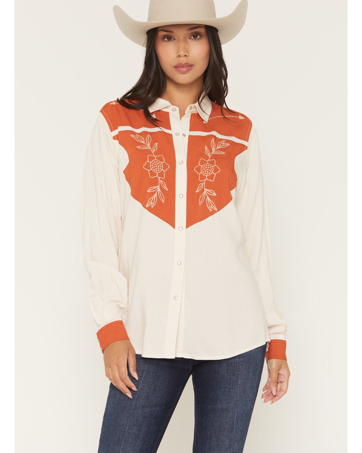 Panhandle Slim Women's Floral Embroidery Long Sleeve Snap Western Shirt, Beige, hi-res