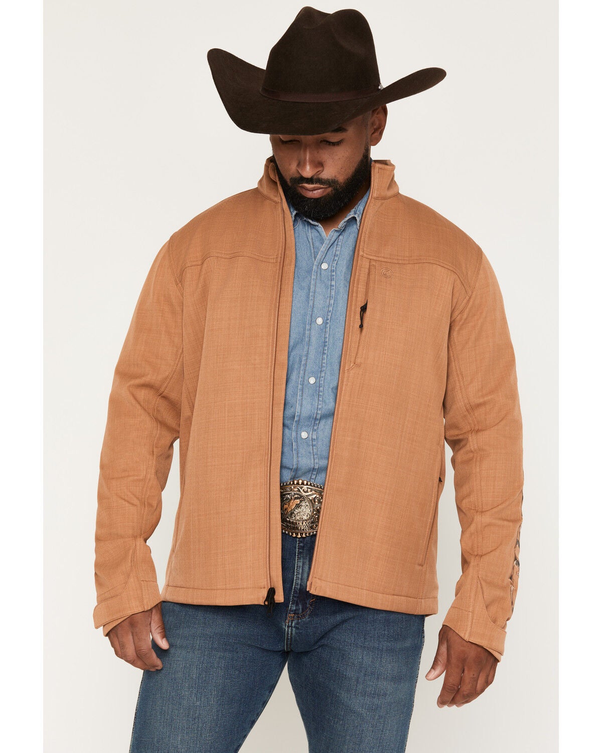 Image #1 - Cody James Men's Tulsa Textured Logo Softshell Jacket, Tan, hi-res