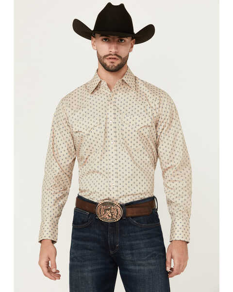 Ely Walker Men's Mini Southwestern Geo Print Long Sleeve Snap Western Shirt - Big , Beige, hi-res