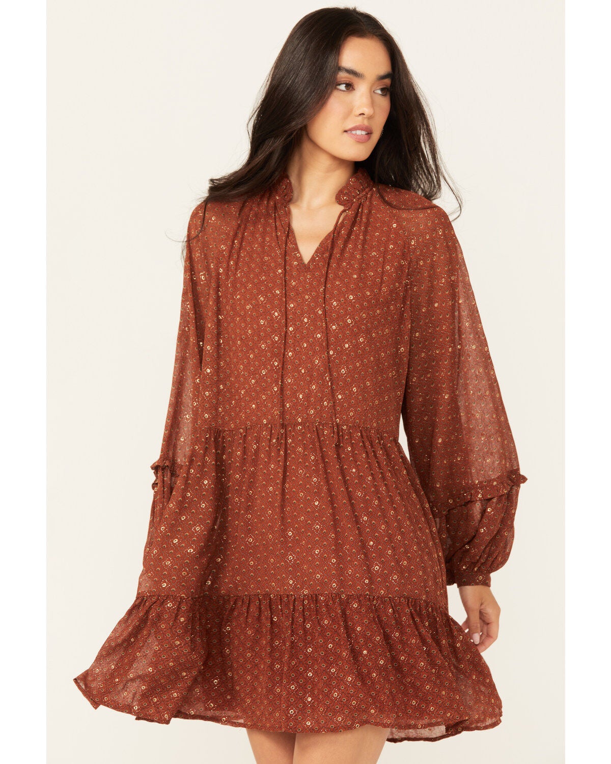 Molly Bracken Women's Long Sleeve Peasant Mini Dress, Rust Copper, hi-res