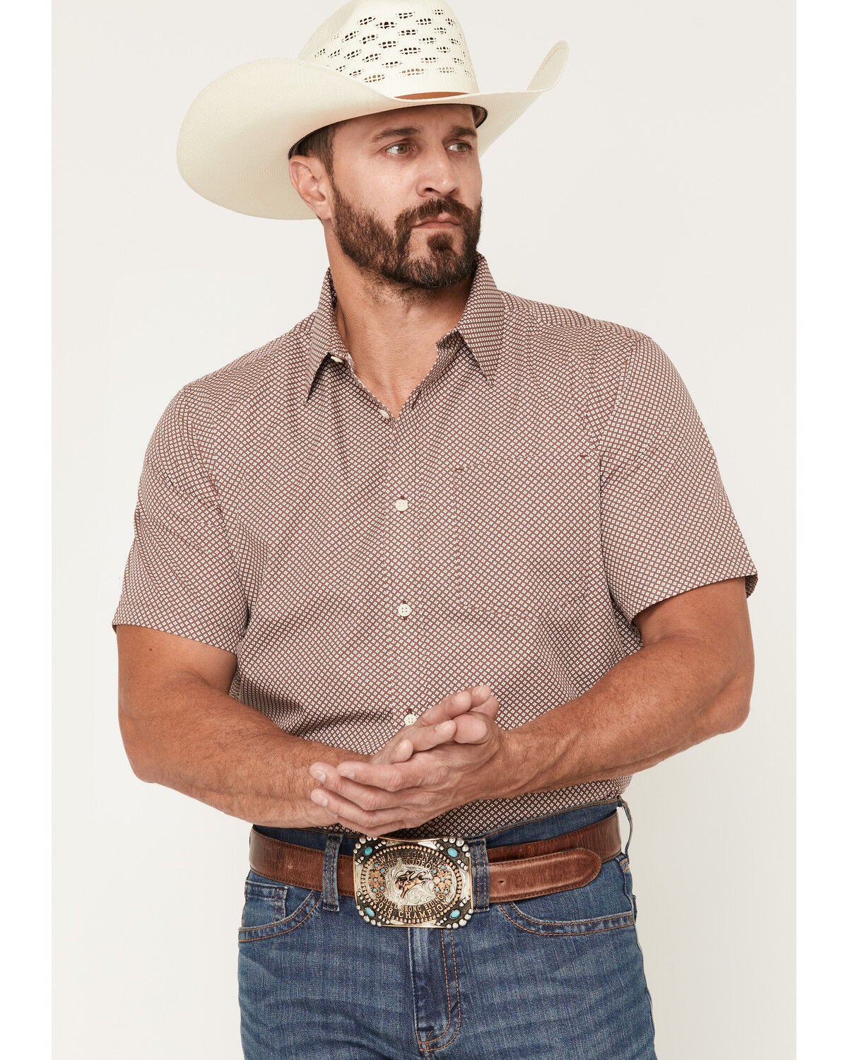 Image #1 - Gibson Trading Co Men's Kick Dust Geo Print Short Sleeve Button-Down Western Shirt, Burgundy, hi-res