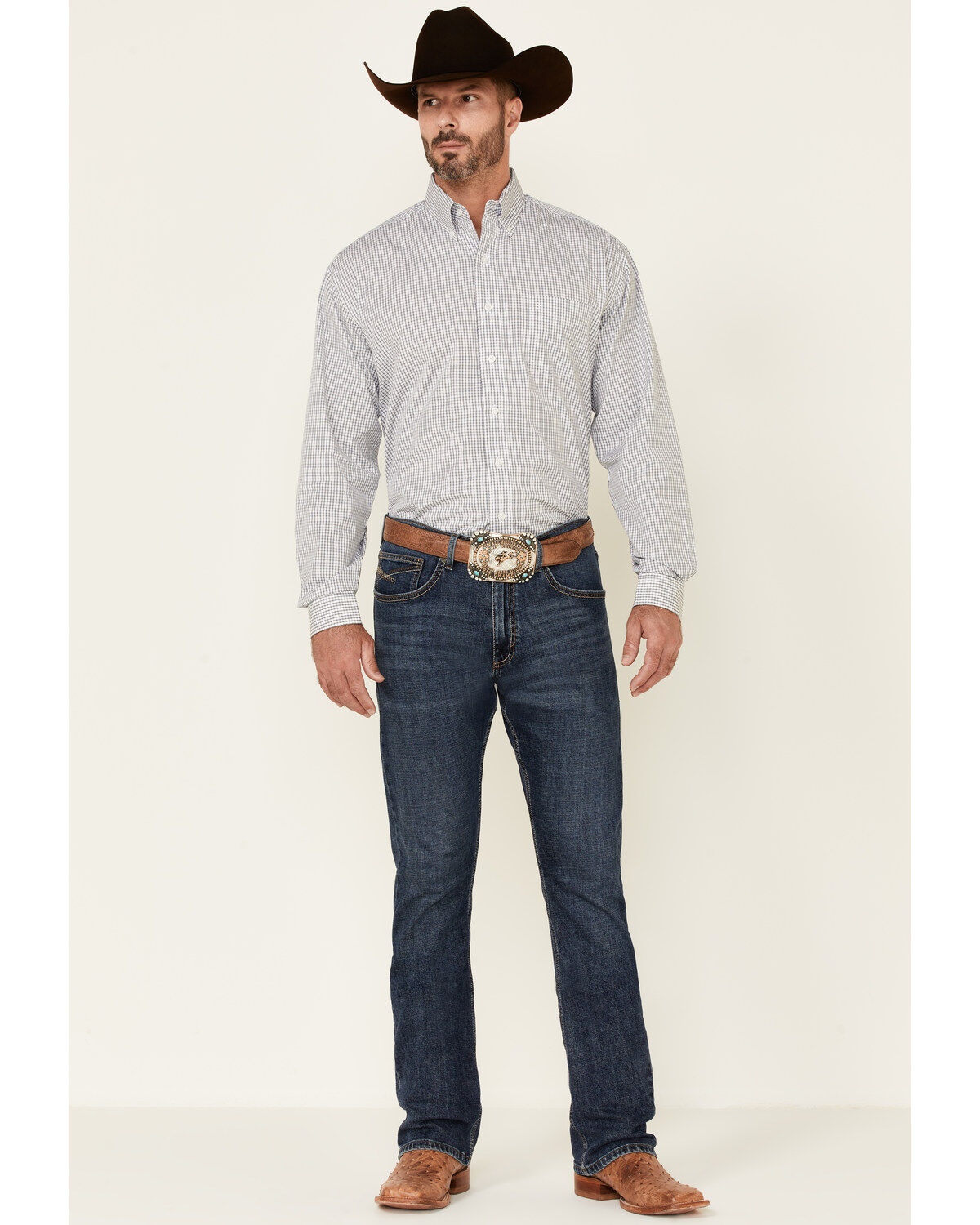 Image #2 - Stetson Men's Small Check Plaid Print Long Sleeve Button Down Western Shirt, Blue, hi-res