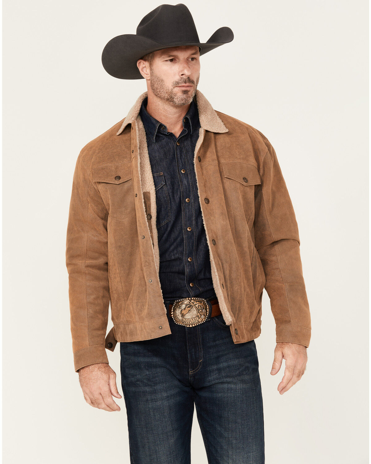 Image #1 - Cripple Creek Men's Sherpa Lined Suede Trucker Jacket, Tan, hi-res