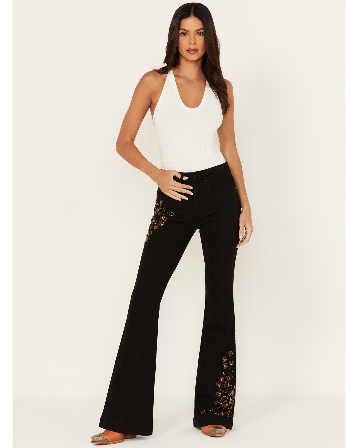 Shyanne Women's Sand Palm High Rise Embellished Flare Jeans, Black, hi-res